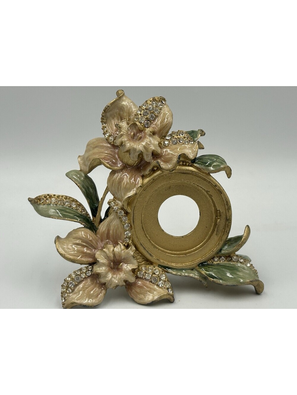 Jeweled Orchid Floral Mini Picture Frame Gold Tone Enamel Rhinestone No Glass